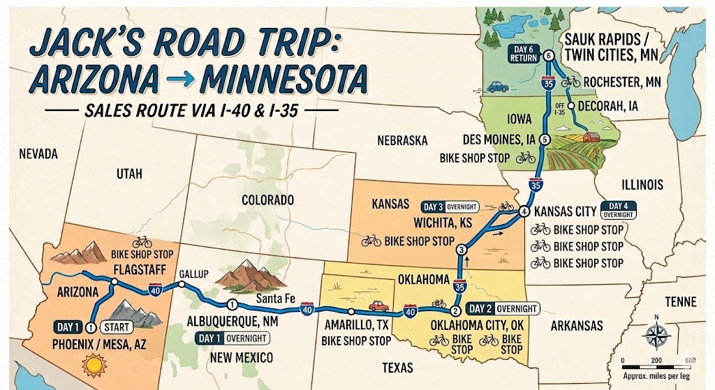 The route Anita and I will be driving as we visit bike shops on the way back to Minnesota.