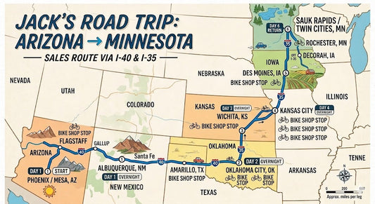 The route Anita and I will be driving as we visit bike shops on the way back to Minnesota.